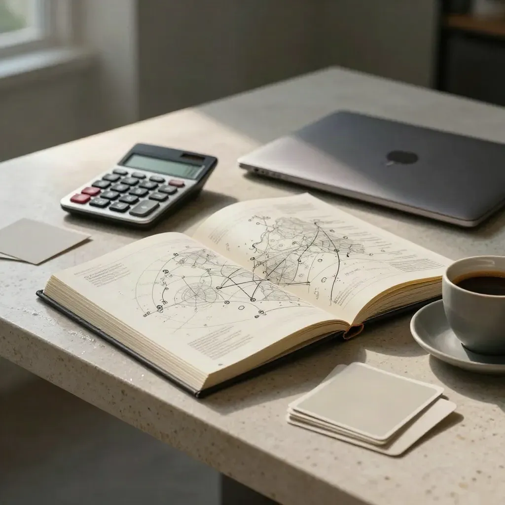Quaderno strategico, calcolatrice metallica, laptop chiuso e tazza espresso su pietra chiara.