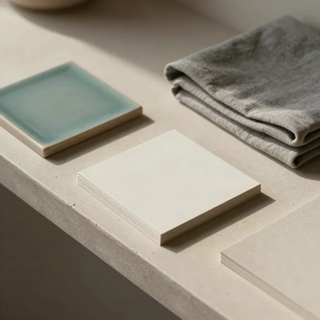 Tavola di posizionamento con campioni, tile ceramica teal e stoffa su mensola in gesso.