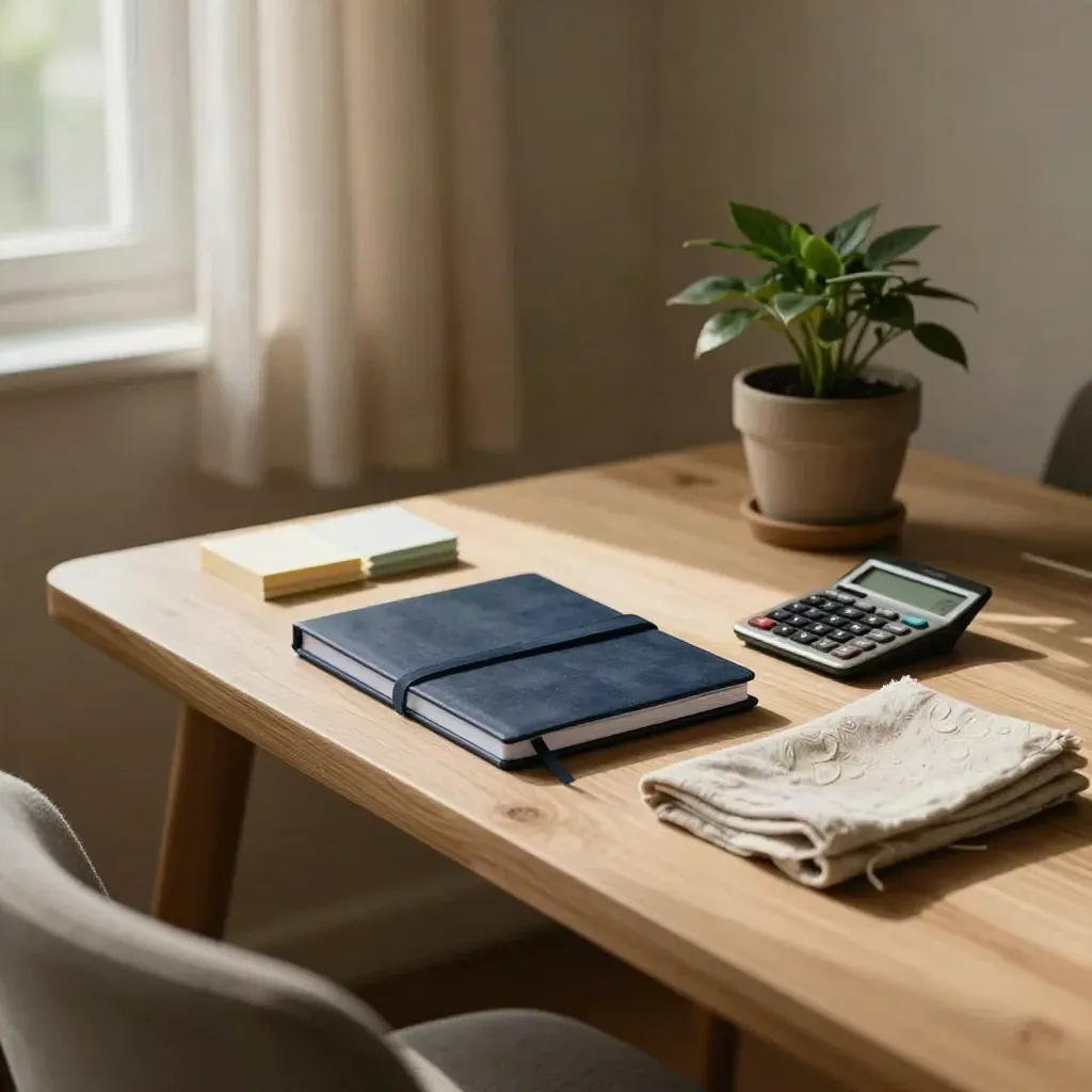 Tavolo di startup con notebook, calcolatrice, post-it e piantina vicino a una finestra luminosa.