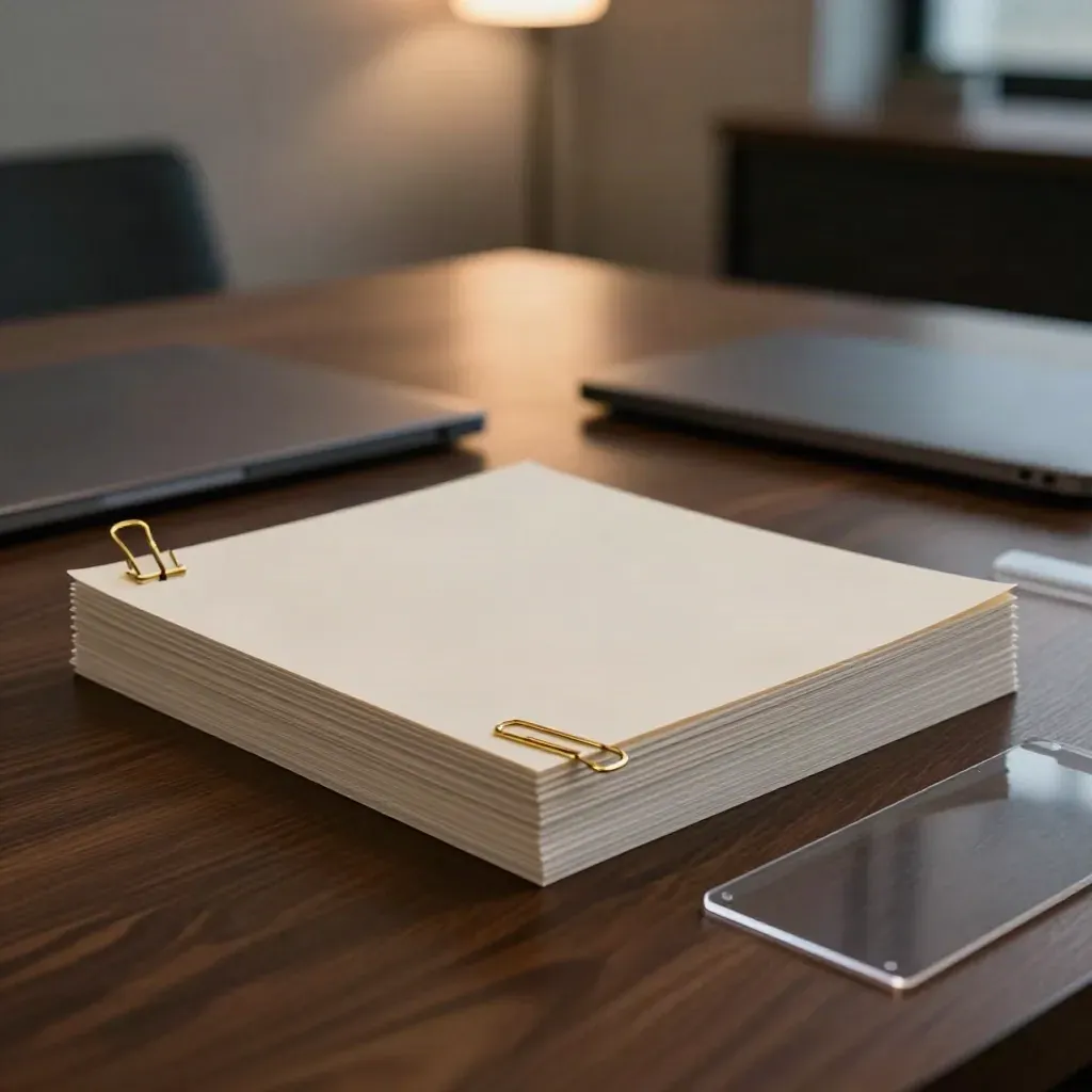 Stack di slide per pitch deck su tavolo in legno, luce soffusa e atmosfera serale.
