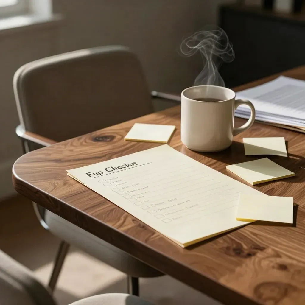 Angolo checklist founder con post-it vuoti, tazza fumante e sedia semispinta.