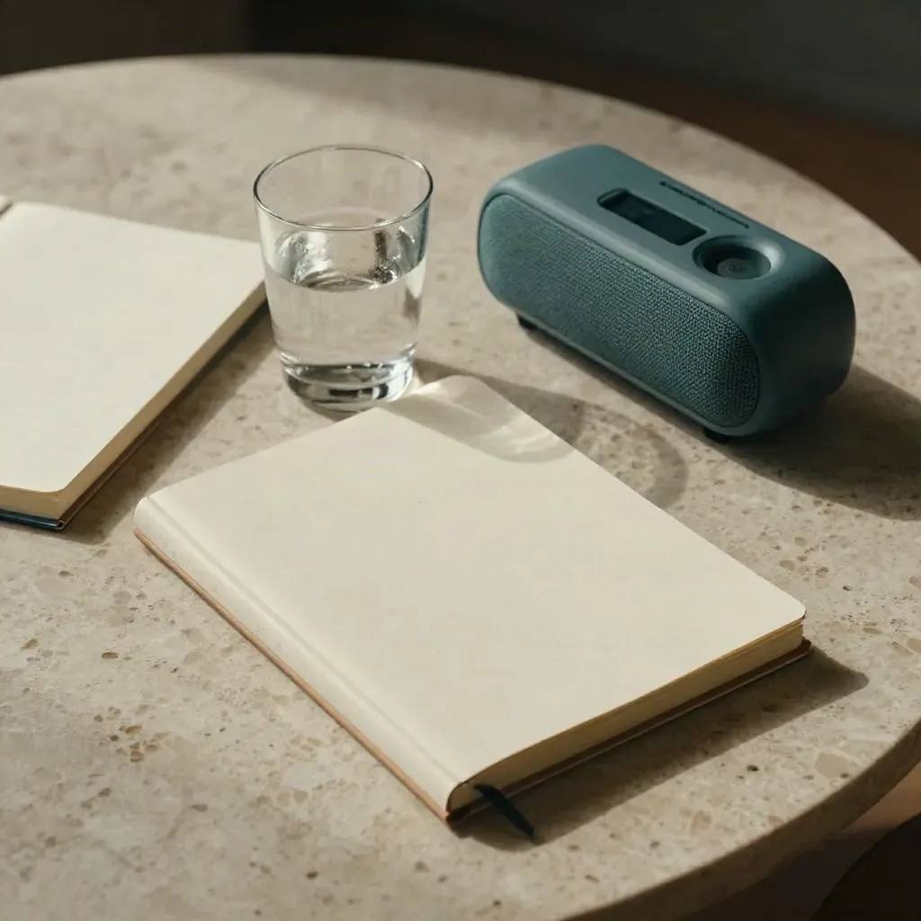 Tavolo di planning con due quaderni chiusi, bicchiere d’acqua e speaker su travertino chiaro.