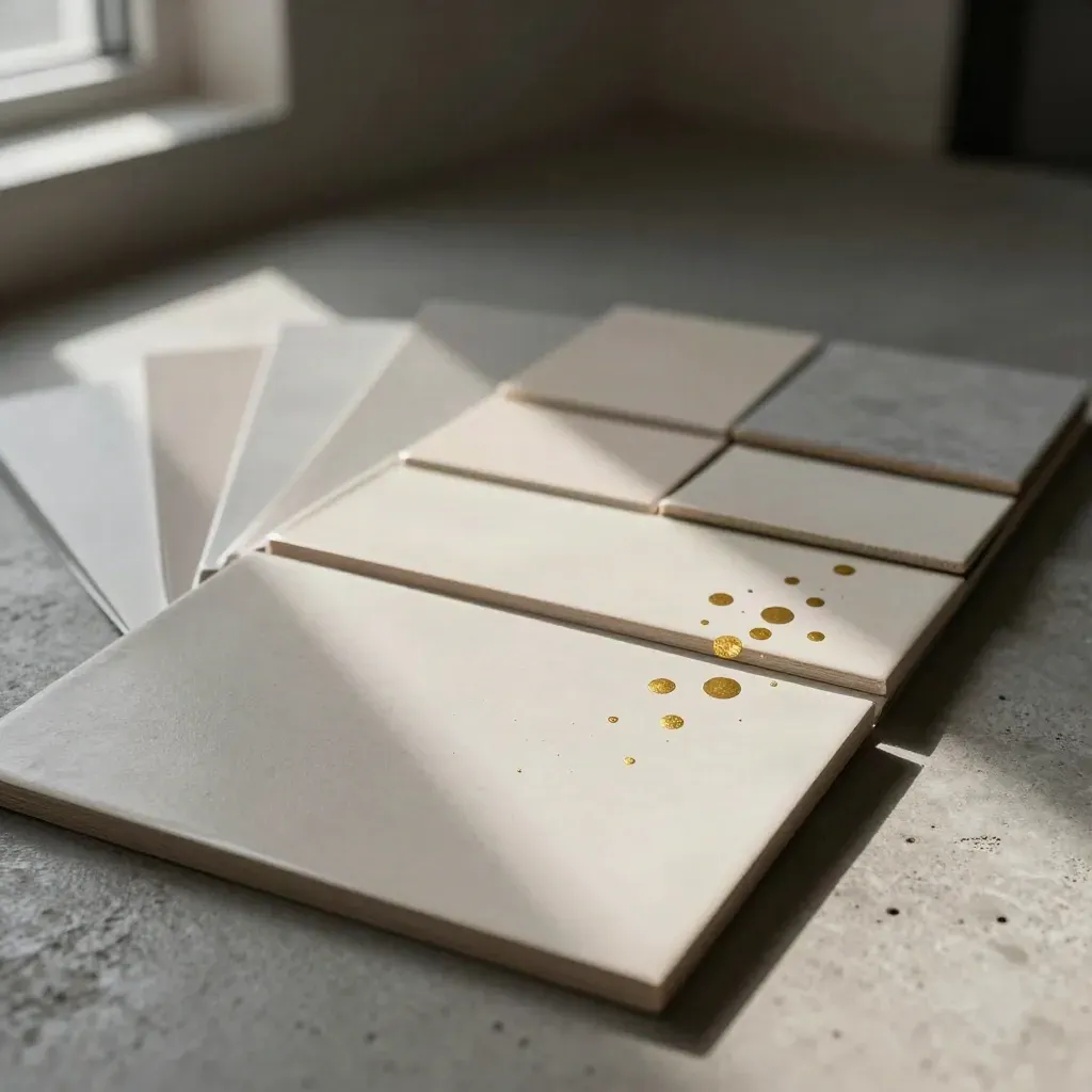 Tessere campione su cemento, piastrelle ceramiche e puntini di carta in luce cinematografica.