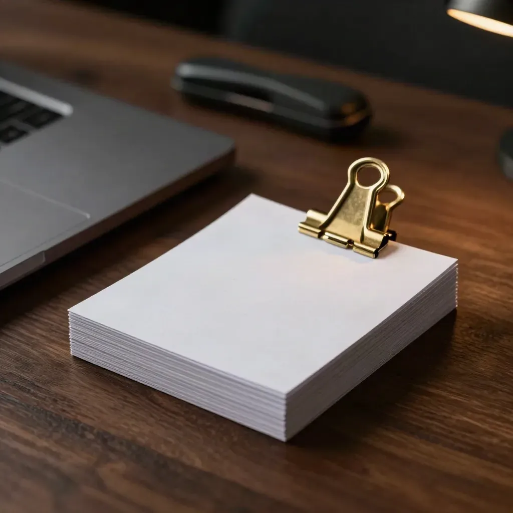 Pile di schede bianche per pitch deck con laptop chiuso e graffette dorate su tavolo scuro