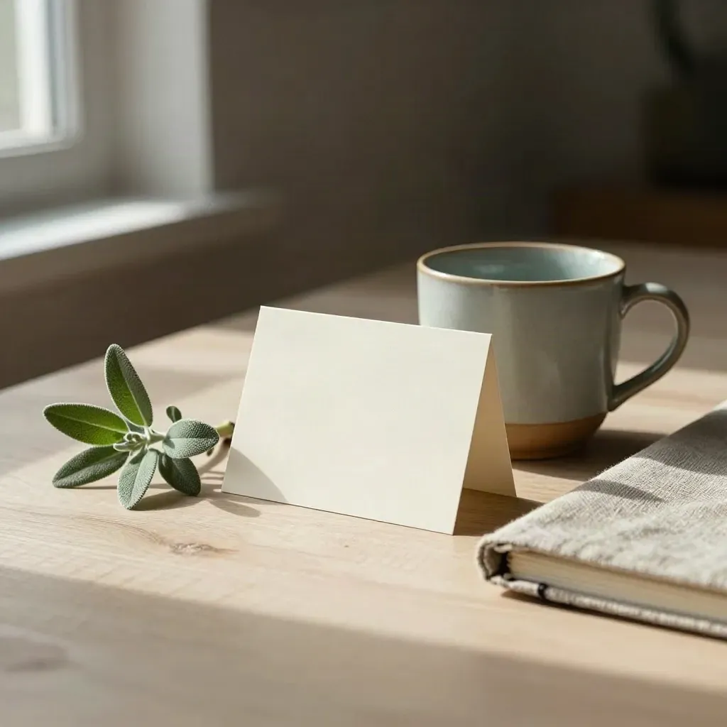 Card brand proiettata, tazza in ceramica, lino piegato ed erba in vaso su legno chiaro