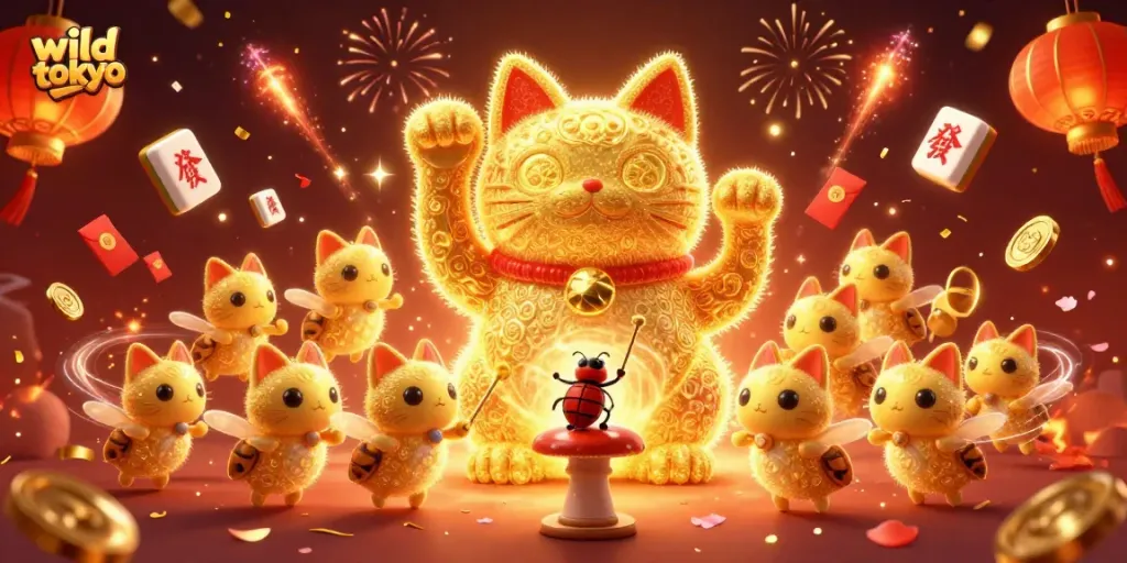 Experience the excitement of wild tokyo with this vibrant 3D illustration depicting a giant lucky cat amid casino symbols.